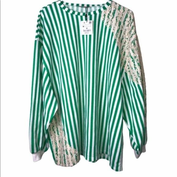 ZARA Womens Long Sleeve Lace Sweatshirt with Green & White Stripe - Picture 1 of 13